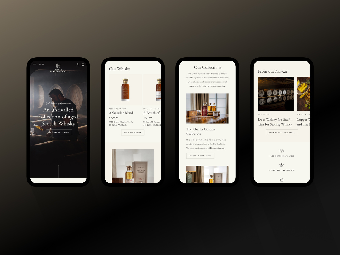 Showcase of the luxury House of Hazelwood Shopify e-commerce experience for aged Scotch whisky